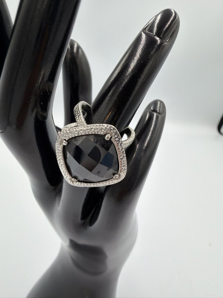Cushion-Cut Black Glass Square Halo Cocktail Ring - Size 6