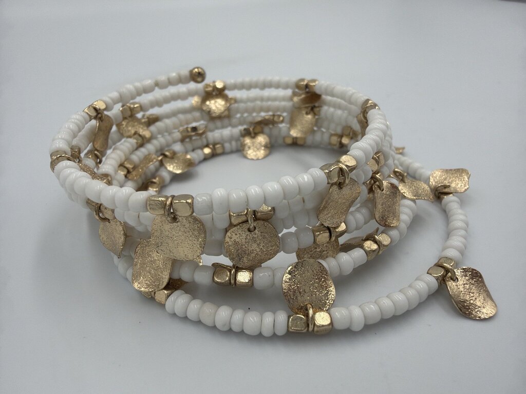 White Seed Bead and Gold Hammered Coin Multi-Wrap Bracelet