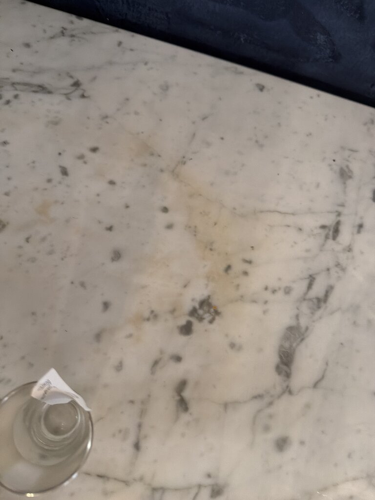 Vintage Wood & Carrara Marble Console- 72X21X30- AS IS