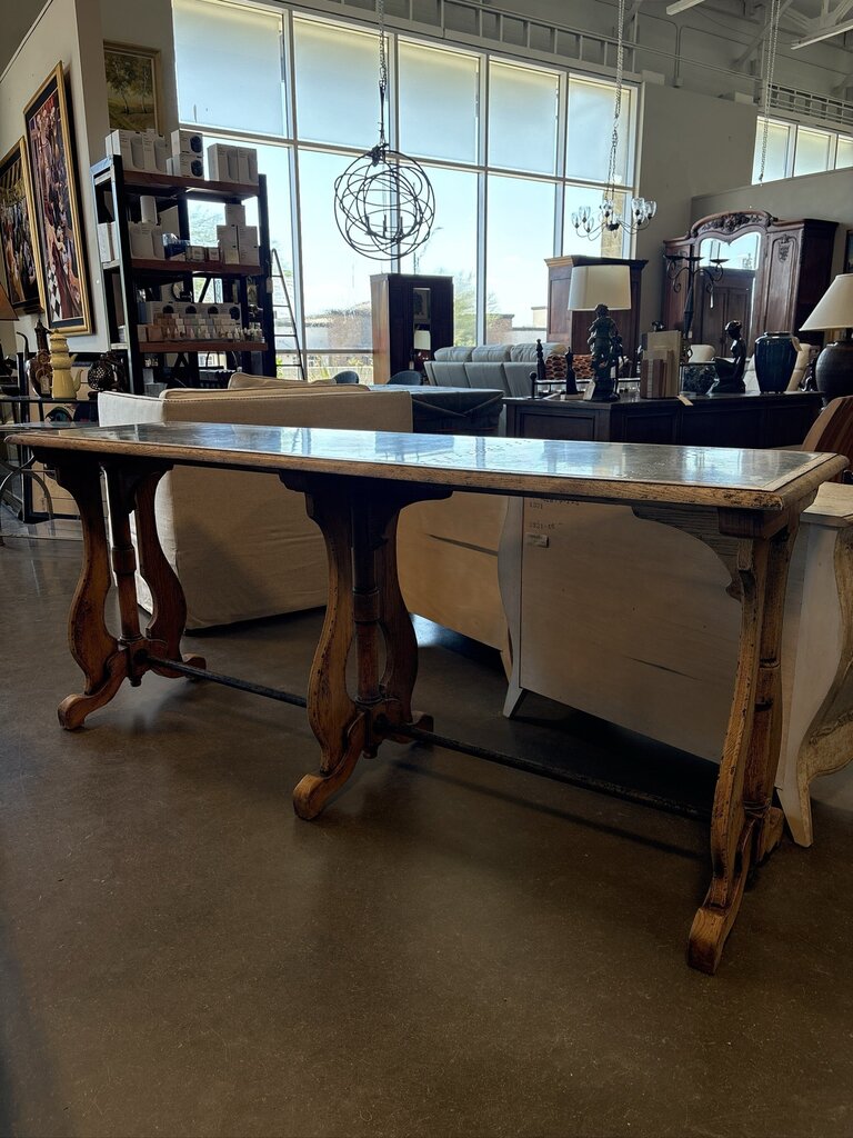 Distressed Wood & Zink Console W/ Curved Legs-74.5X21.5X32