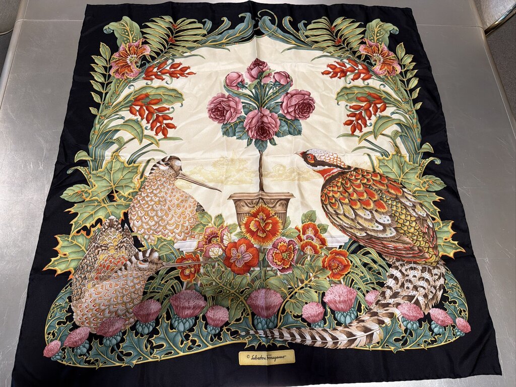 Salvatore Ferragamo Vintage Pheasant and Duck Silk Scarf - 88CM