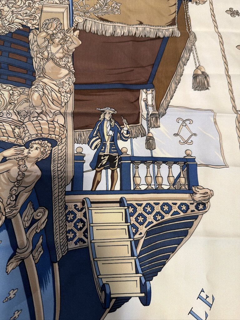 Vintage Hermes Blue Carre 90 Silk Scarf - "Vue du Carrosse de la Galere la Reale" by Hugo Grygkar