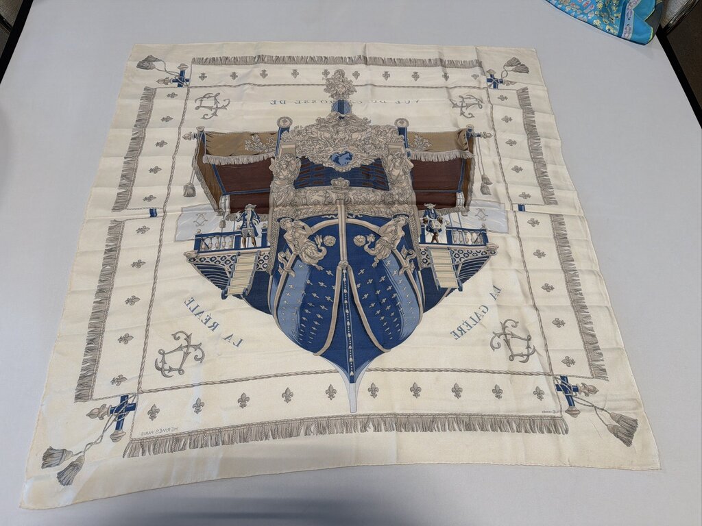 Vintage Hermes Blue Carre 90 Silk Scarf - "Vue du Carrosse de la Galere la Reale" by Hugo Grygkar