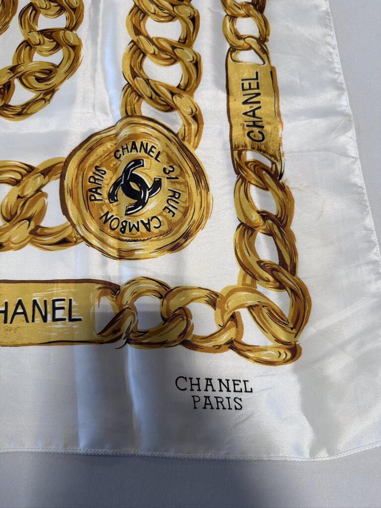 Vintage Chanel Gold Chain & Medallion Silk Scarf - White/Gold - 90 CM
