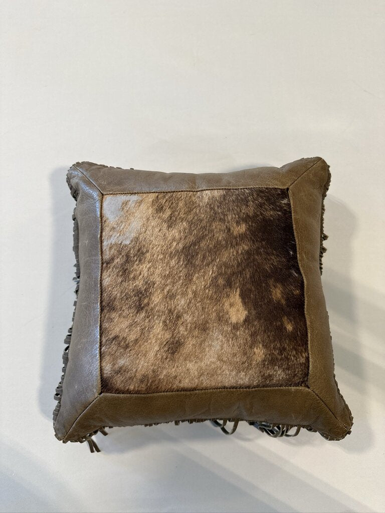 Leather & Cowhide Pillow W/ Fringe ||| - 15X15