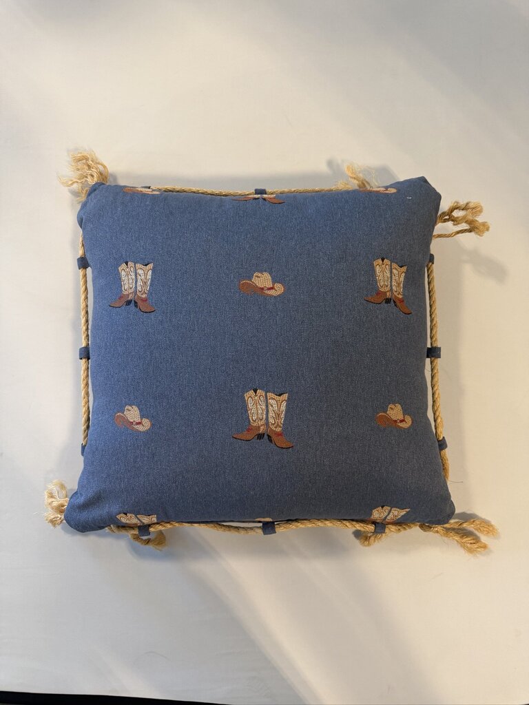 Denim Western Pillow W/ Rope Detail- 26x26