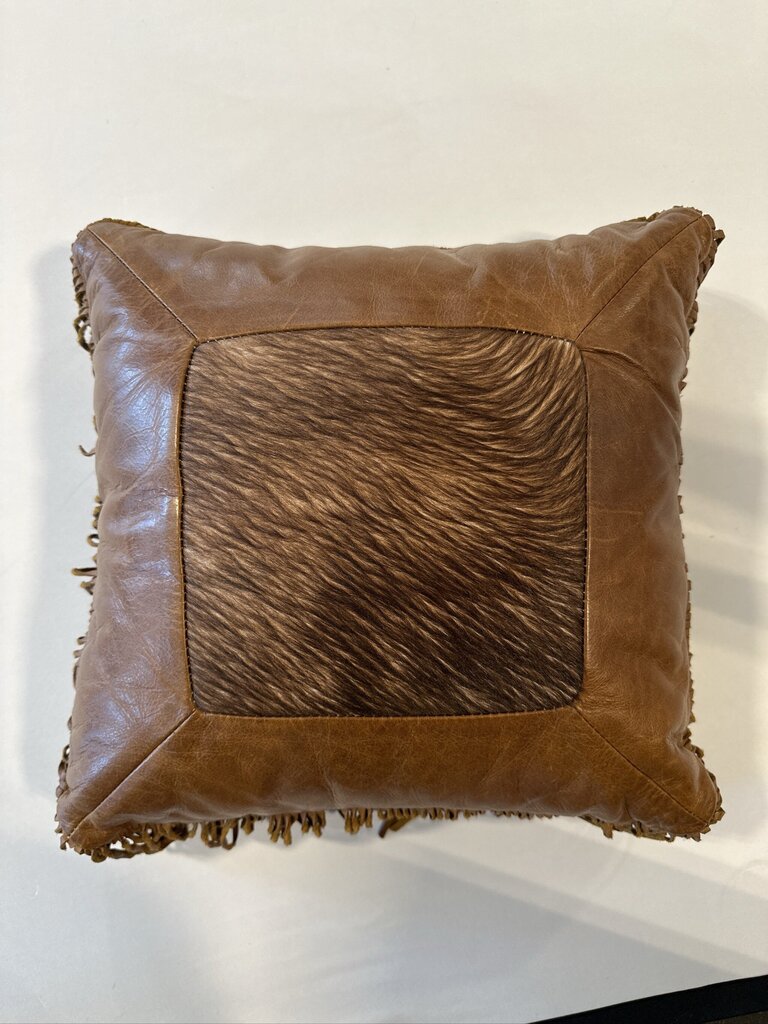 Leather & Cowhide Pillow W/ Fringe- 15X15