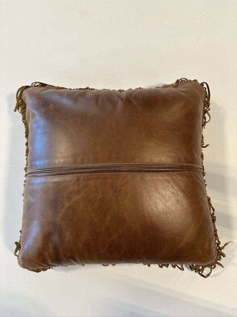 Leather & Cowhide Pillow W/ Fringe- 15X15