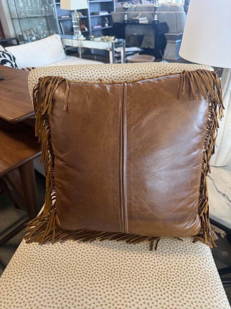 Leather & Cowhide Pillow W/ Fringe- 15X15