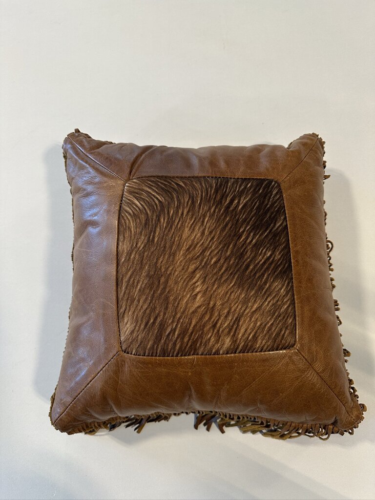 Leather & Cowhide Pillow W/ Fringe- 15X15