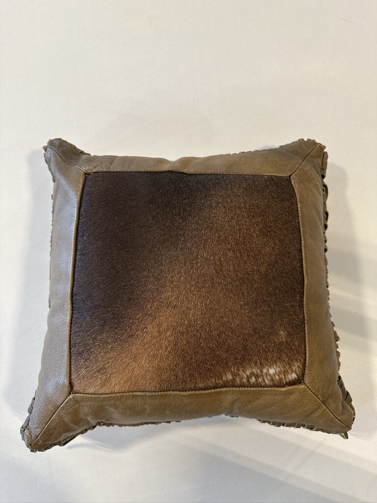 Leather & Cowhide Pillow W/ Fringe- 15X15