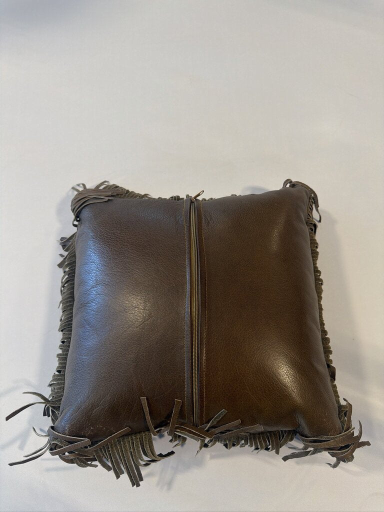 Leather & Cowhide Pillow W/ Fringe- 15X15