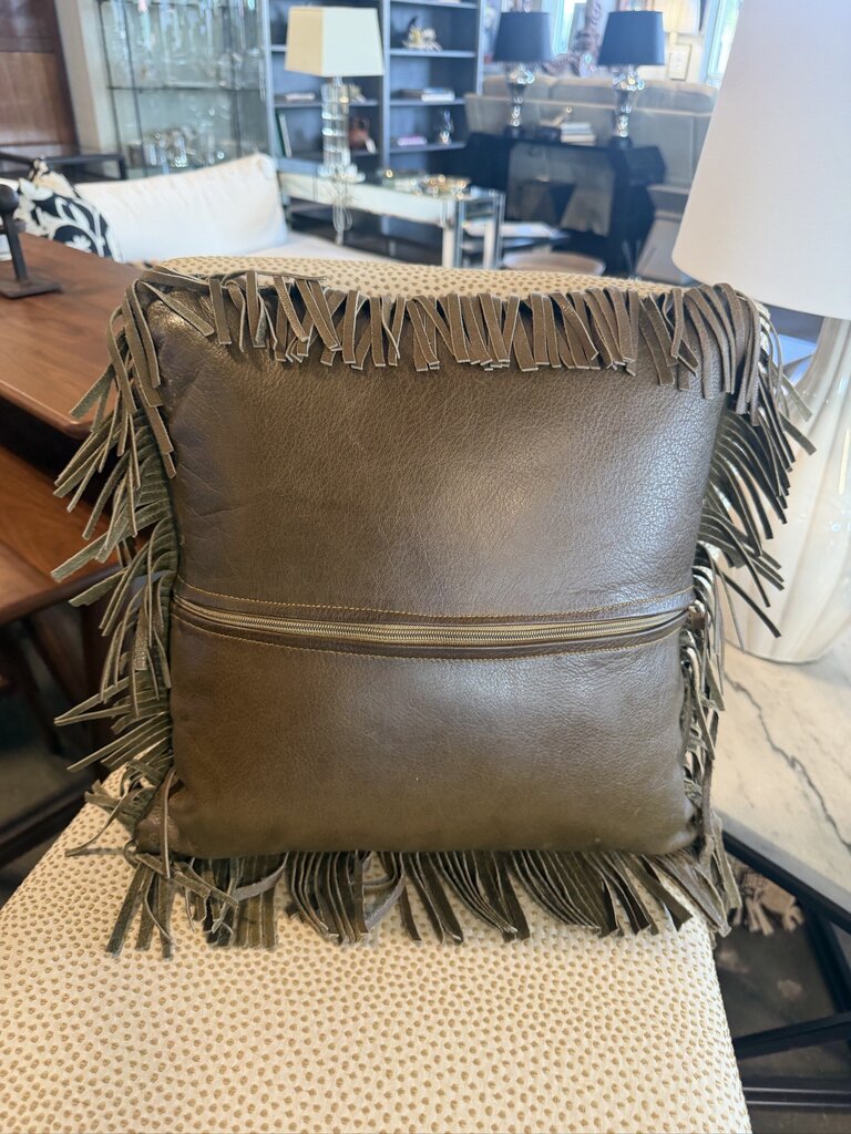 Leather & Cowhide Pillow W/ Fringe- 15X15