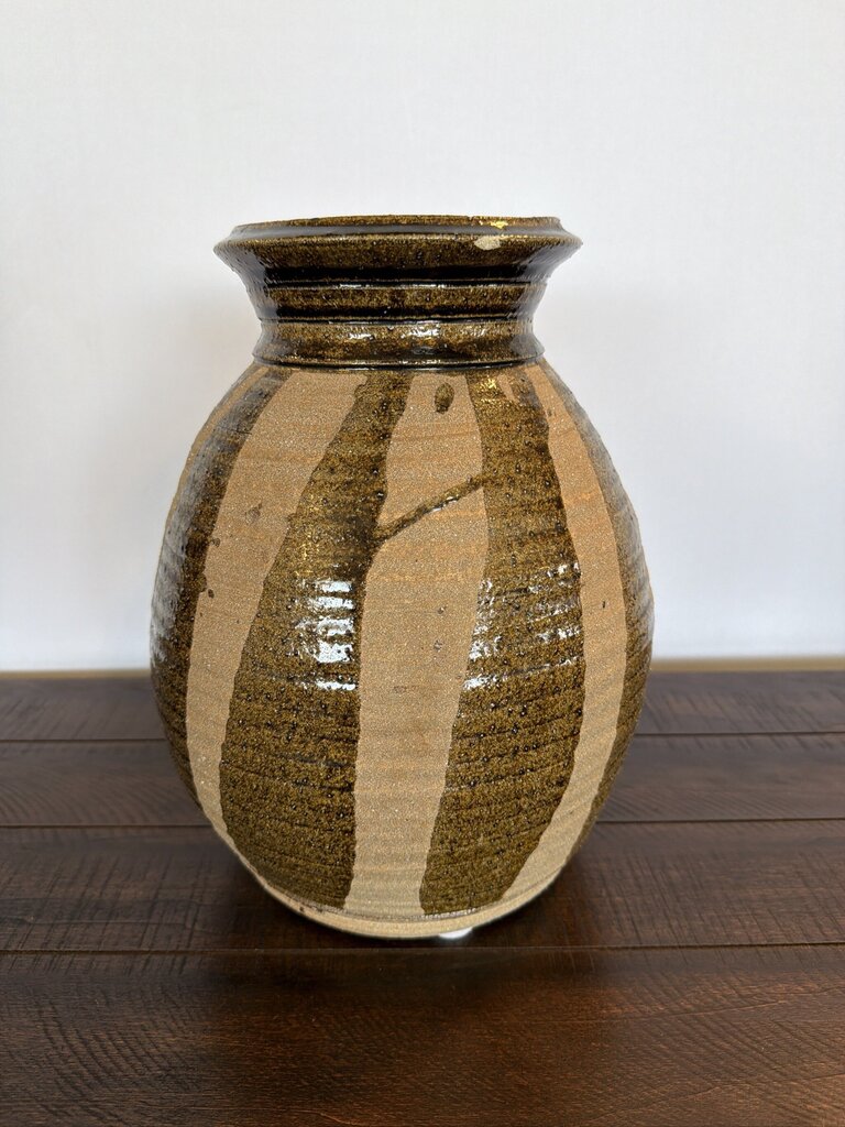 Artist Signed Glazed Striped Vase- 9X9X13- AS IS