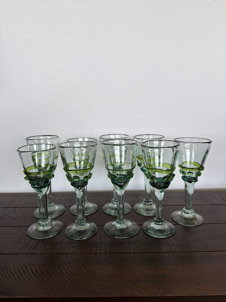 Blown Glass Stemware W/ Green Design- Set of 9