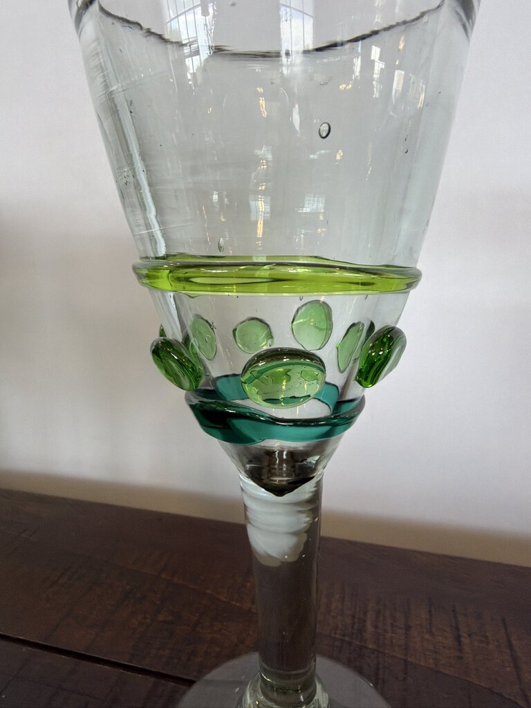 Blown Glass Stemware W/ Green Design- Set of 9