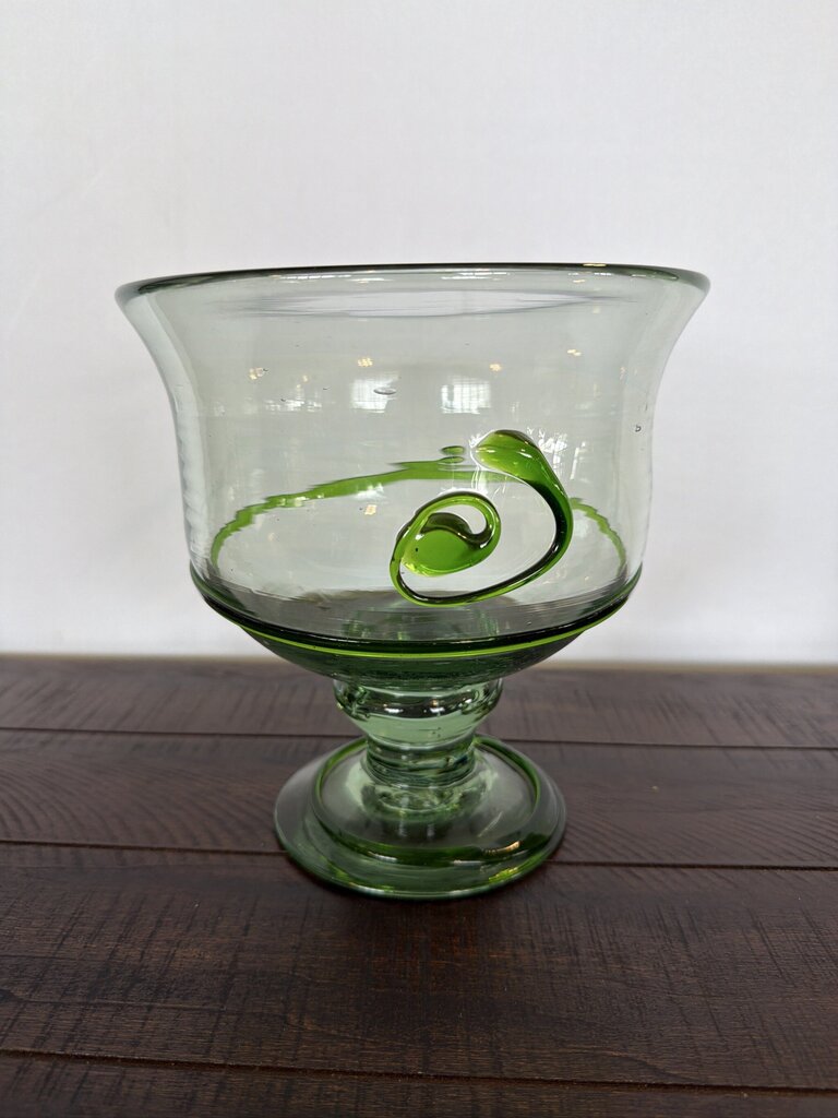 Blown Glass Pedestal Bowl W/ Green Design- 8X8X9