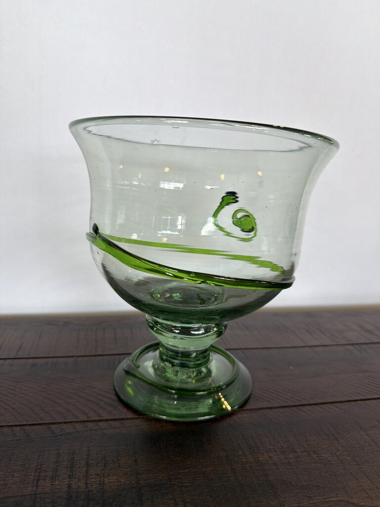 Blown Glass Pedestal Bowl W/ Green Design- 8X8X9