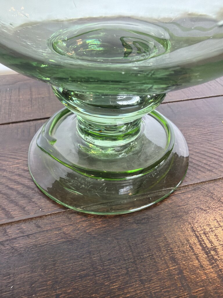 Blown Glass Pedestal Bowl W/ Green Design- 8X8X9