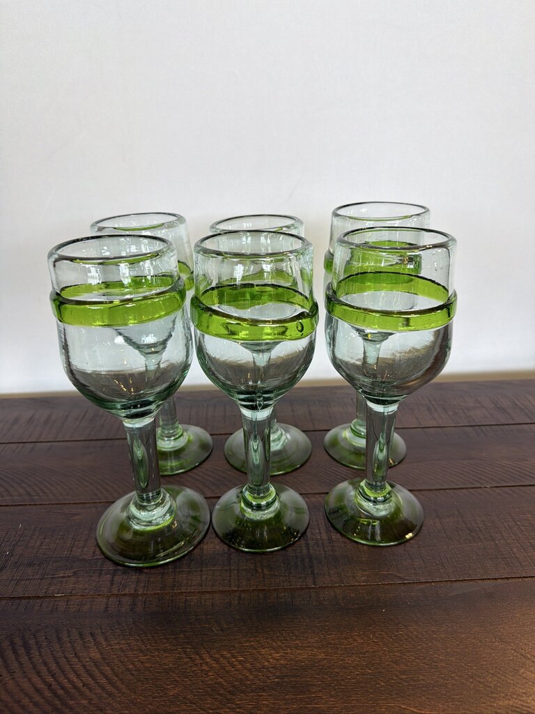 Hand Blown Wine Glasses W/ Green Rim- Set of 9