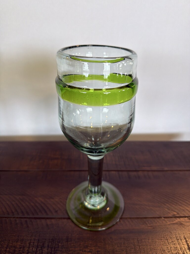 Hand Blown Wine Glasses W/ Green Rim- Set of 9