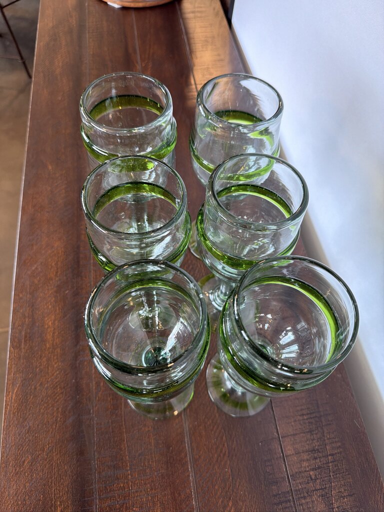 Hand Blown Wine Glasses W/ Green Rim- Set of 9