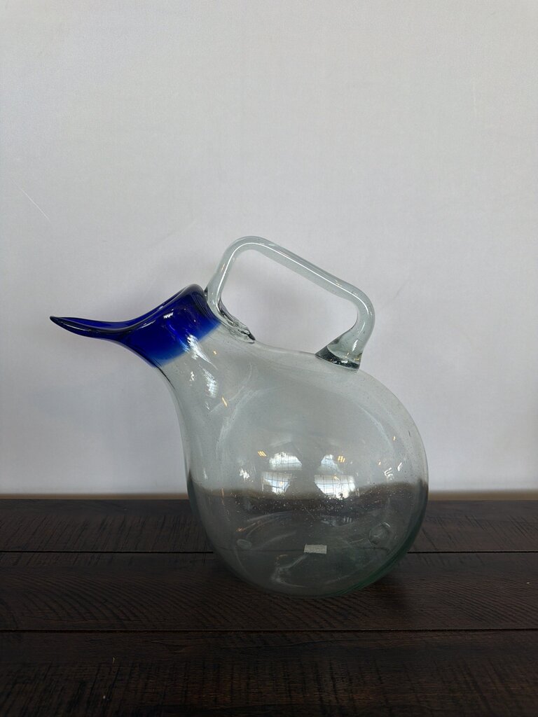 Slanted Blown Glass Pitcher W/ Blue Rim- 8X15X11.5