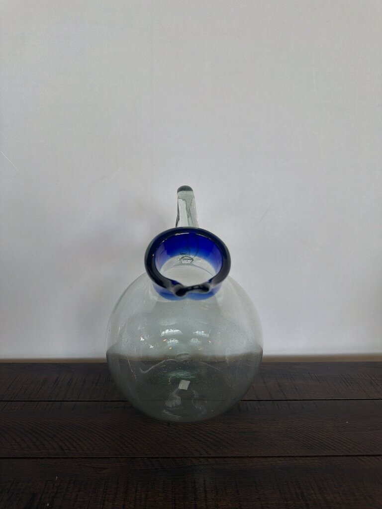 Slanted Blown Glass Pitcher W/ Blue Rim- 8X15X11.5