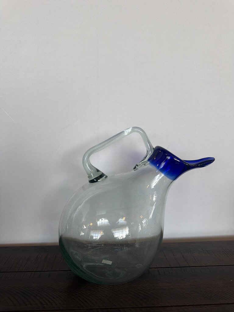 Slanted Blown Glass Pitcher W/ Blue Rim- 8X15X11.5