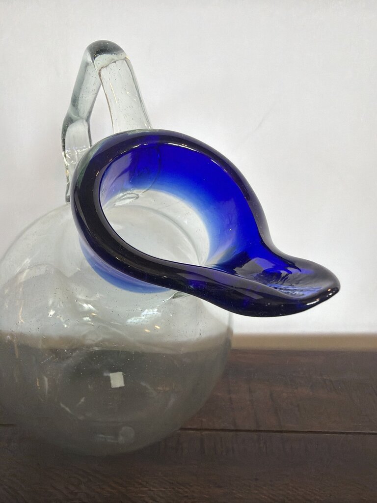 Slanted Blown Glass Pitcher W/ Blue Rim- 8X15X11.5