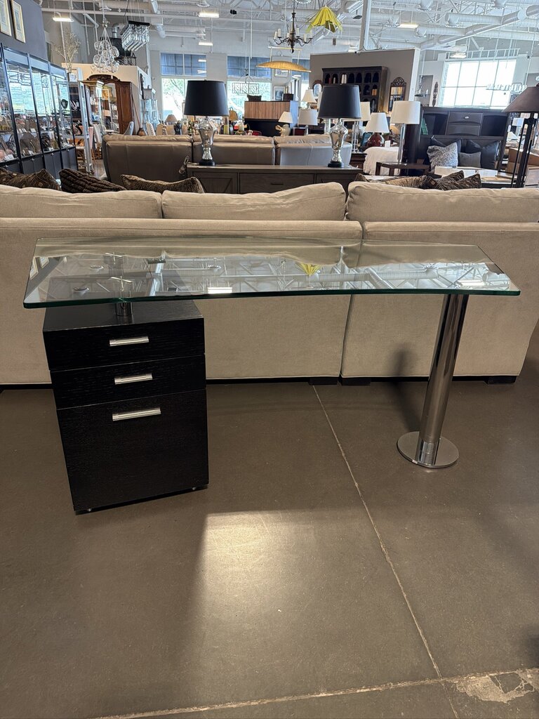 Modern Curved Glass/ Wood 3 Drawer Desk- 65X30X30- AS IS