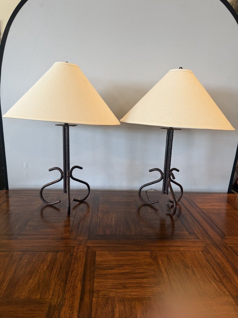Curved Iron Lamps W/ Paper Shades- Pair- 22X22X20H