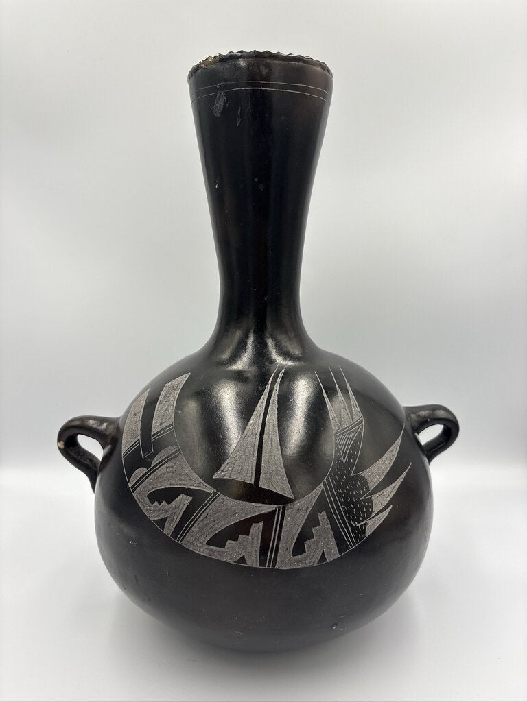 Vintage Signed P. Mateos Art Carved Blackware Pottery Vase- 10X10X13- AS IS