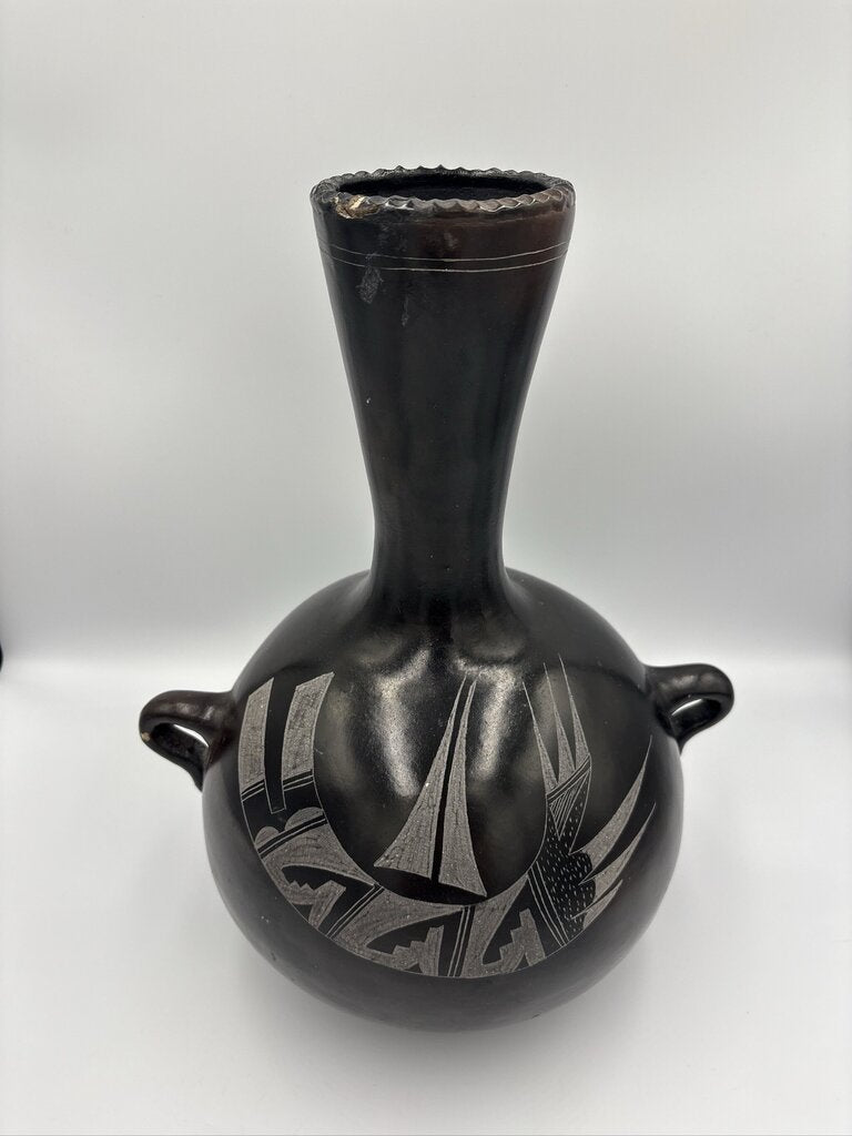 Vintage Signed P. Mateos Art Carved Blackware Pottery Vase- 10X10X13- AS IS