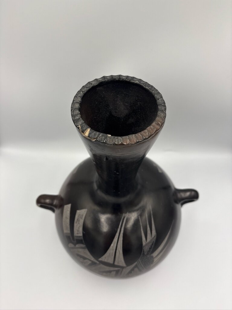 Vintage Signed P. Mateos Art Carved Blackware Pottery Vase- 10X10X13- AS IS