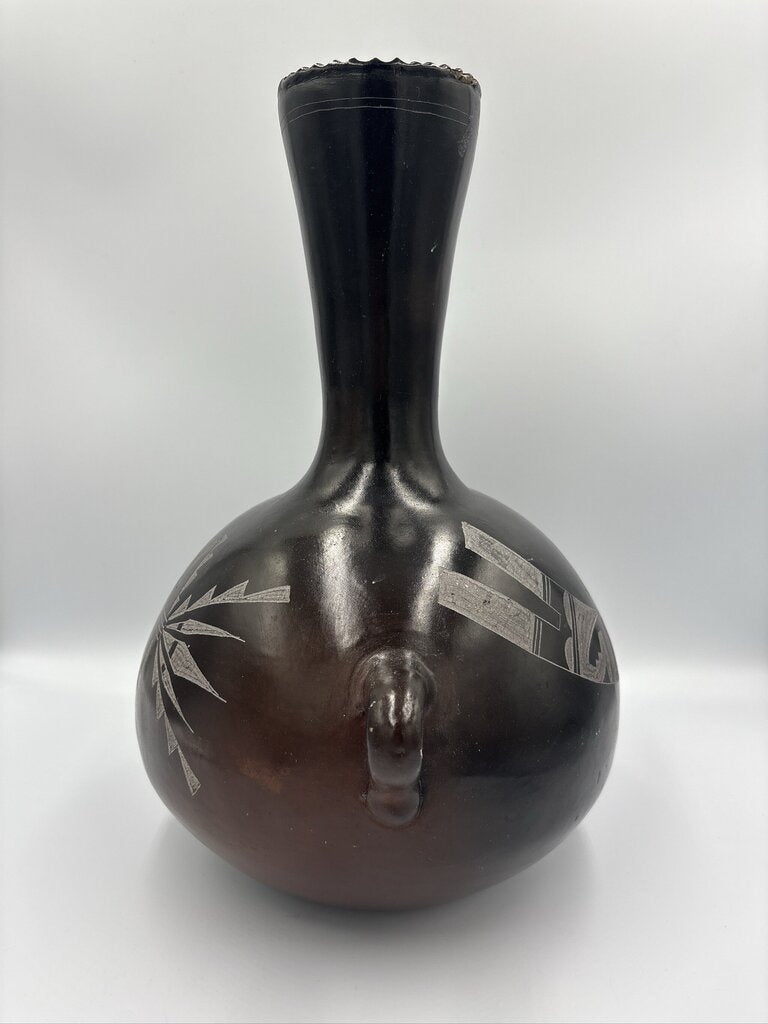 Vintage Signed P. Mateos Art Carved Blackware Pottery Vase- 10X10X13- AS IS