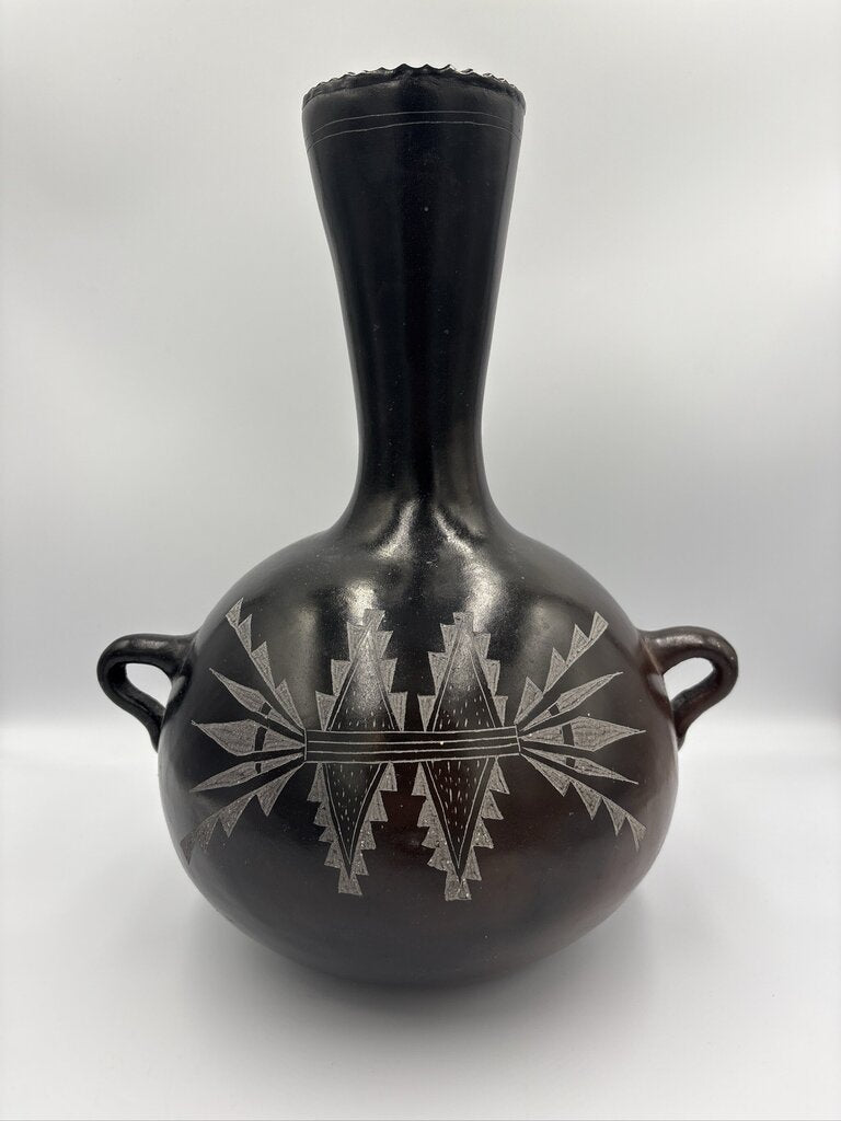 Vintage Signed P. Mateos Art Carved Blackware Pottery Vase- 10X10X13- AS IS