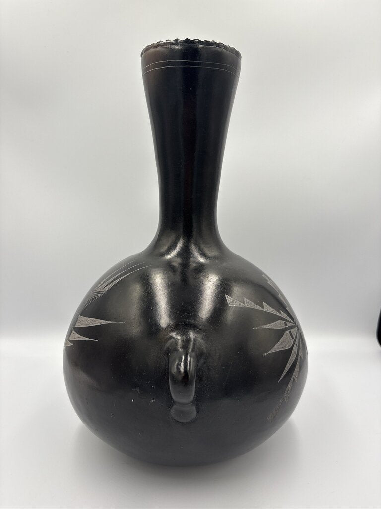 Vintage Signed P. Mateos Art Carved Blackware Pottery Vase- 10X10X13- AS IS