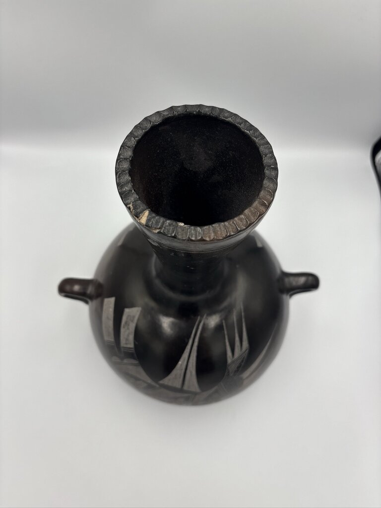 Vintage Signed P. Mateos Art Carved Blackware Pottery Vase- 10X10X13- AS IS
