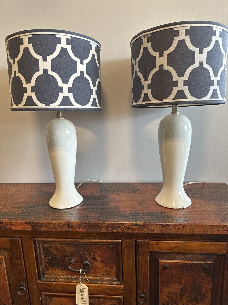 White Ceramic Shape Lamps W/ Blue & White Shades- 13X13X25- Pair