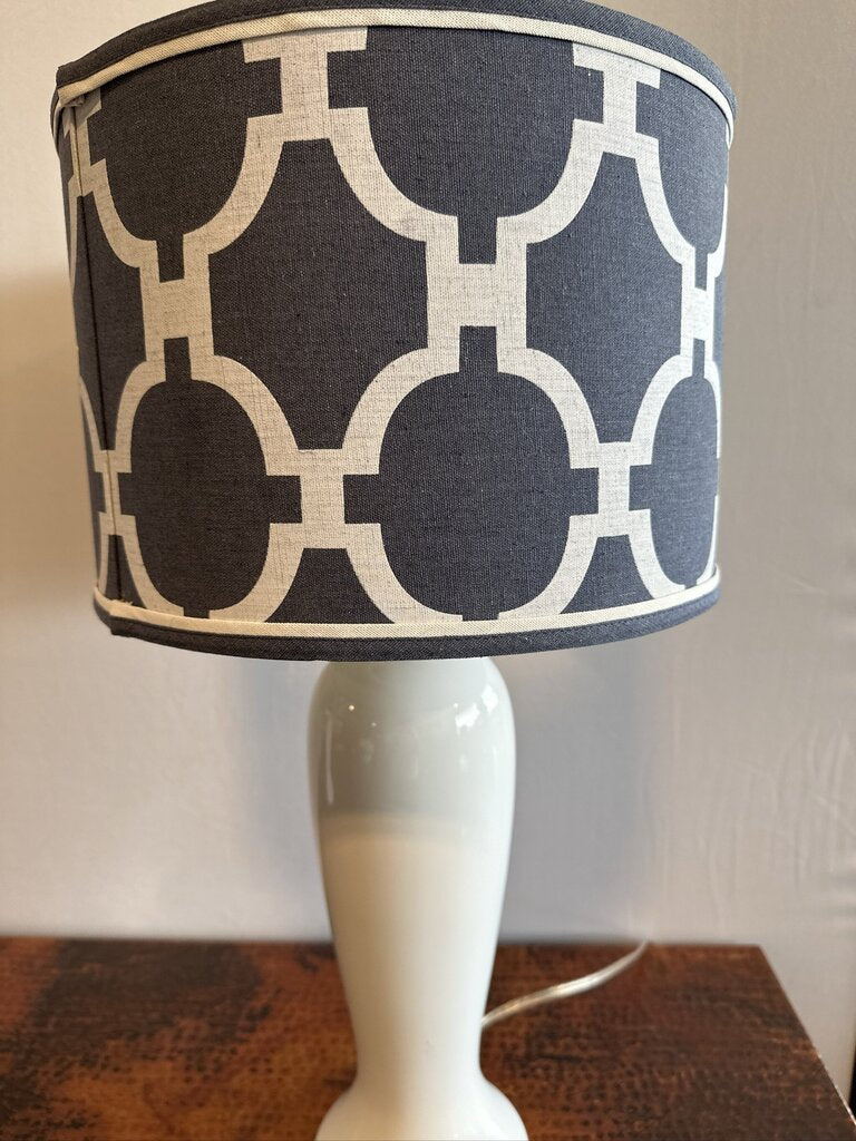 White Ceramic Shape Lamps W/ Blue & White Shades- 13X13X25- Pair