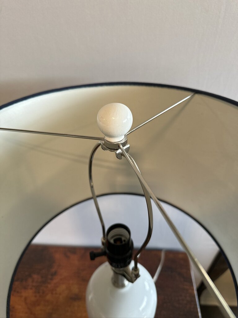 White Ceramic Shape Lamps W/ Blue & White Shades- 13X13X25- Pair
