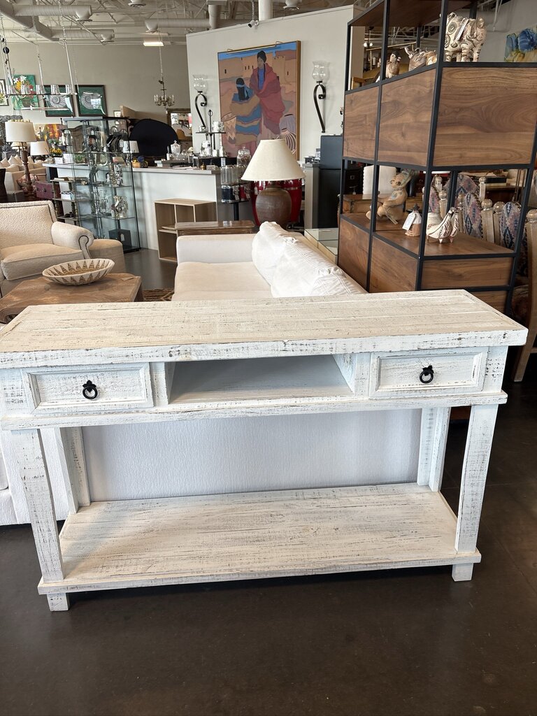 Rustic Distressed White Washed Wood Console- 56X16X35H