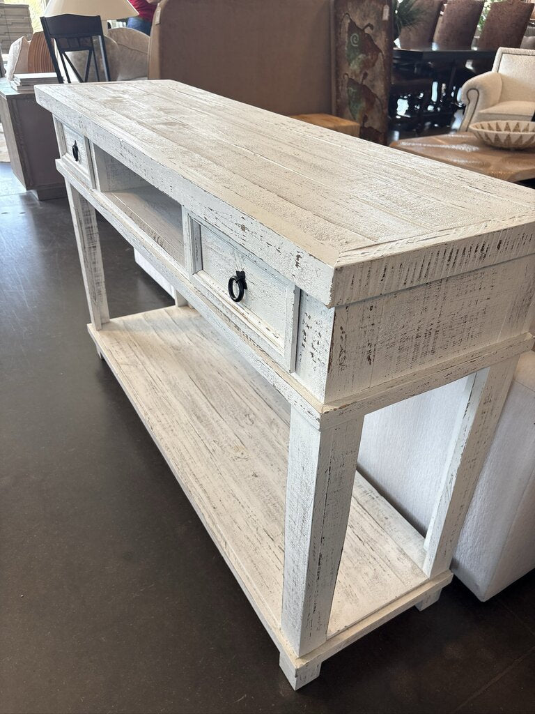 Rustic Distressed White Washed Wood Console- 56X16X35H