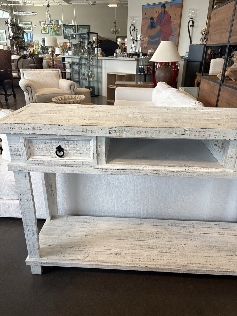 Rustic Distressed White Washed Wood Console- 56X16X35H