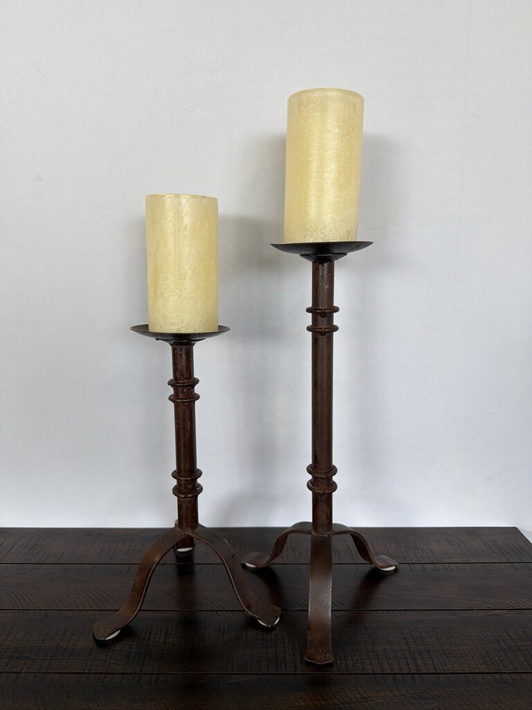 Wrought Iron Candlesticks W/ Cream Candles- Pair- 9X7X17H