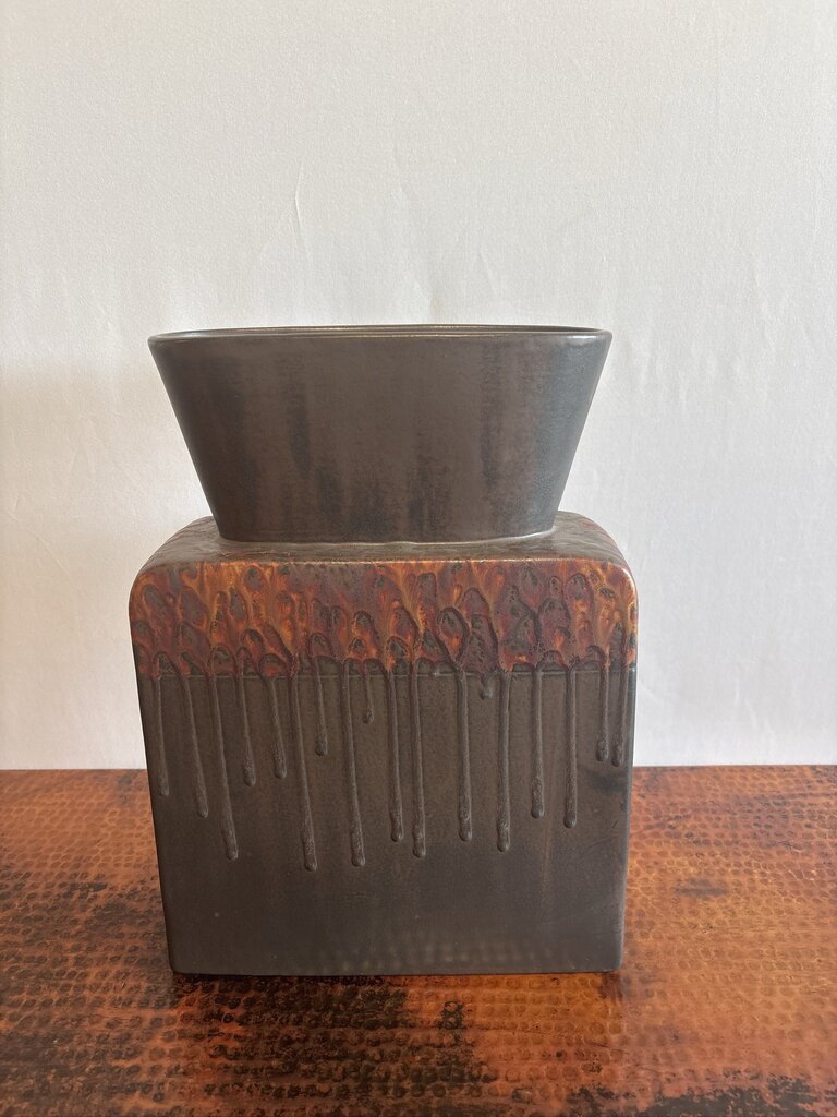 Brown Ceramic Vase W/Orange Accent Color- 4X11X15
