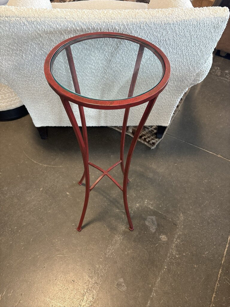 Red Metal Side Table W/ Glass Top- 12X12X32H