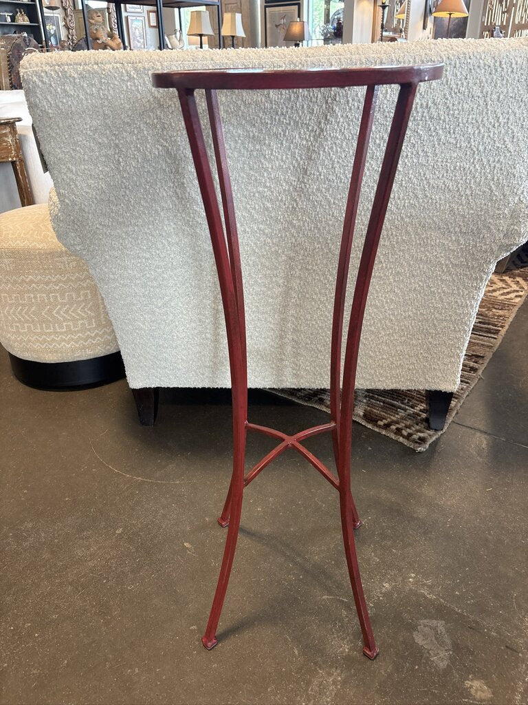 Red Metal Side Table W/ Glass Top- 12X12X32H