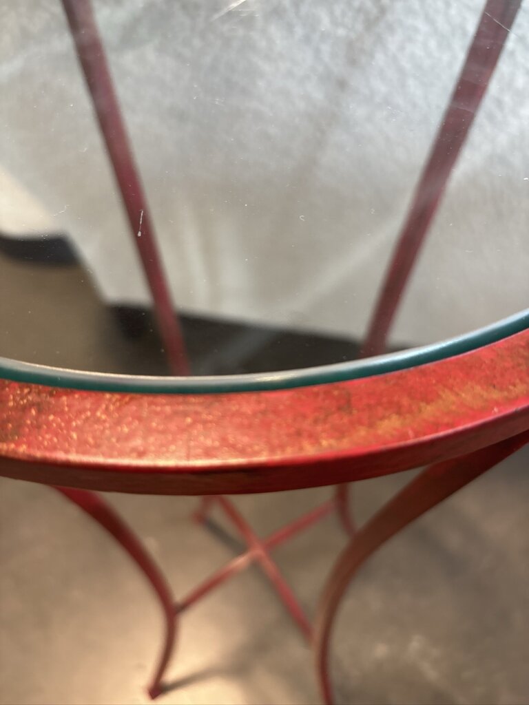 Red Metal Side Table W/ Glass Top- 12X12X32H